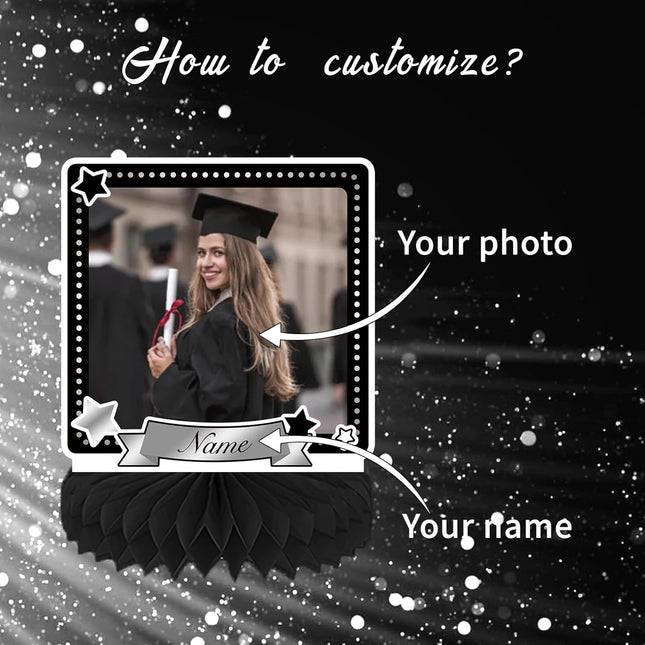 UUBAO 9 PCS Custom Graduation Party Honeycomb Centerpieces Class of 2025 Congrats Grad Decorations Congratulate Graduation Table Toppers for Graduation Party Favor Supplies (Black and Silver)