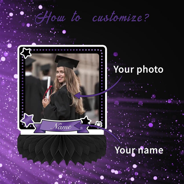 UUBAO 9 PCS Custom Graduation Party Honeycomb Centerpieces Class of 2025 Congrats Grad Decorations Congratulate Graduation Table Toppers for Graduation Party Favor Supplies (Purple)