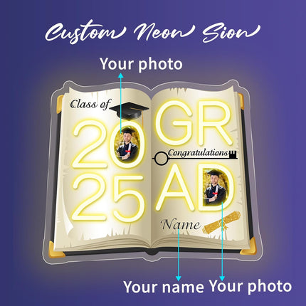 UUBAO Personalized Graduation Gift Neon Signs Congrats Grad LED Light Signs with Photo 2025 Party Backdrop Light Sign Decor (Black and Gold)