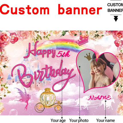 UUBAO Custom Princess Castle Happy Birthday Party Decorations Supplies Personalized Pink Royal Backdrop Banner for Girl