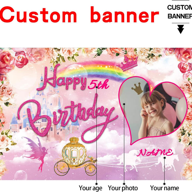 UUBAO Custom Princess Castle Happy Birthday Party Decorations Supplies Personalized Pink Royal Backdrop Banner for Girl