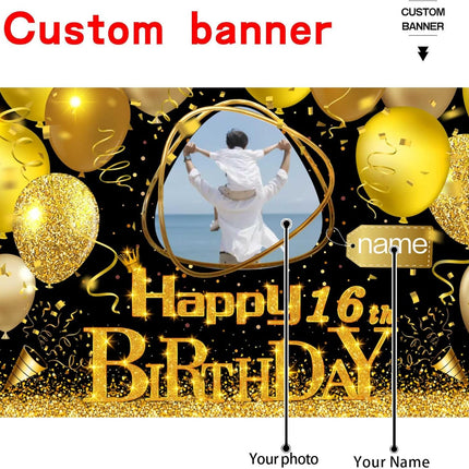 UUBAO Custom Black Gold Theme Birthday Banner for Party Happy Birthday Backdrop Decoration Personalized with Name and Photo
