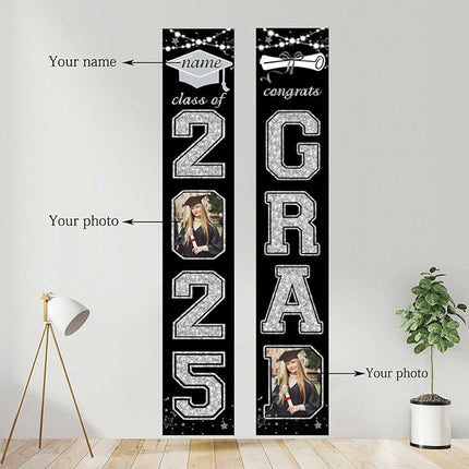 UUBAO Custom Graduation Party Decorations 2025 Personalization Congrats Grad Banner Graduation Front Door Porch Sign Backdrop(Black and Silver)