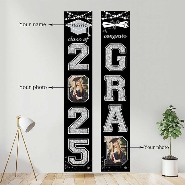 UUBAO Custom Graduation Party Decorations 2025 Personalization Congrats Grad Banner Graduation Front Door Porch Sign Backdrop(Black and Silver)