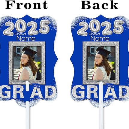 UUBAO Personalized Graduation Double Sided Face Fan Class of 2025 Customized Graduation Head Face Cutout with Handle Fun Photo Prop Supplies(Blue and Silver)