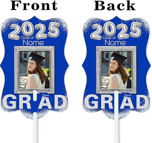 UUBAO Personalized Graduation Double Sided Face Fan Class of 2025 Customized Graduation Head Face Cutout with Handle Fun Photo Prop Supplies(Blue and Silver)