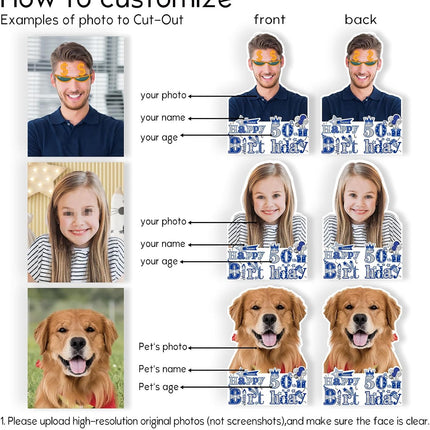 UUBAO Personalized Double Sided Happy Birthday Photo Prop Face Fan Customized Birthday Fun Supplies(Blue and Silver)