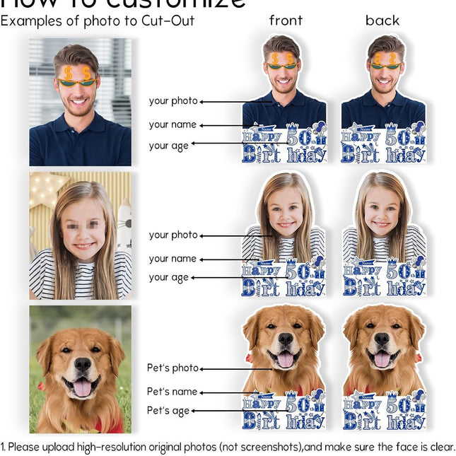 UUBAO Personalized Double Sided Happy Birthday Photo Prop Face Fan Customized Birthday Fun Supplies(Blue and Silver)