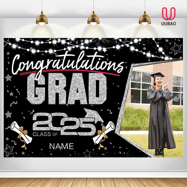 UUBAO Custom Graduation Party Decorations Personalization Banner Class of 2025 Backdrop (Black and Silver)