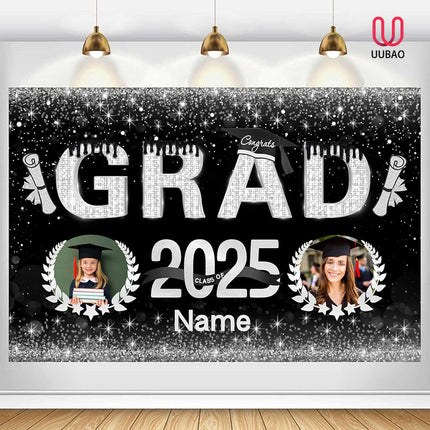 UUBAO Custom Graduation Party Decorations Personalization Banner Class of 2025 Backdrop (Black and Silver)