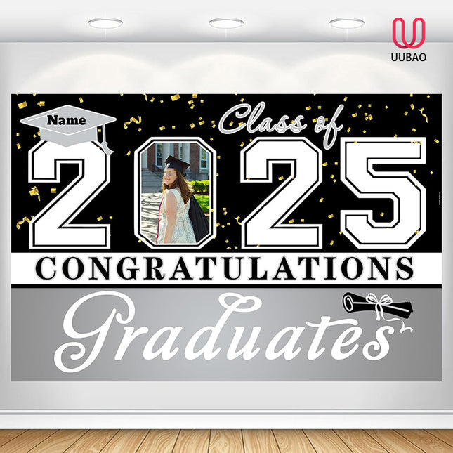 UUBAO Custom Graduation Party Decorations Personalization Banner Class of 2025 Backdrop (Black and Silver)