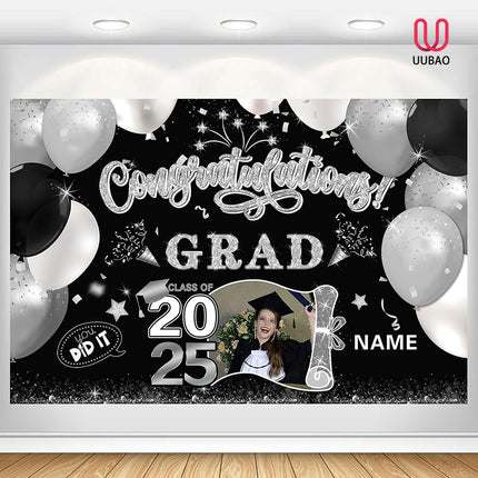 UUBAO Custom Graduation Party Decorations Personalization Banner Class of 2025 Backdrop (Black and Silver)