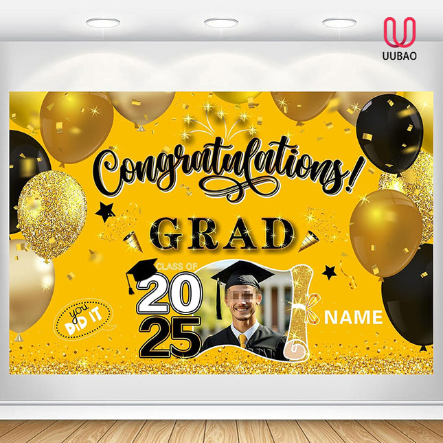 UUBAO Custom Graduation Party Decorations Personalization Banner Class of 2025 Backdrop (Yellow)