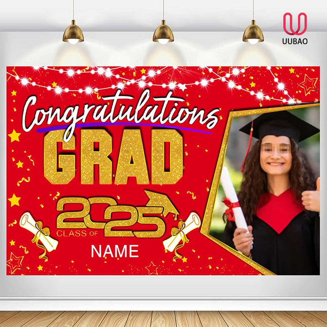 UUBAO Custom Graduation Party Decorations Personalization Banner Class of 2025 Backdrop (Red and Gold)