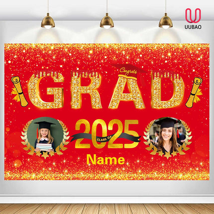 UUBAO Custom Graduation Party Decorations Personalization Banner Class of 2025 Backdrop (Red and Gold)