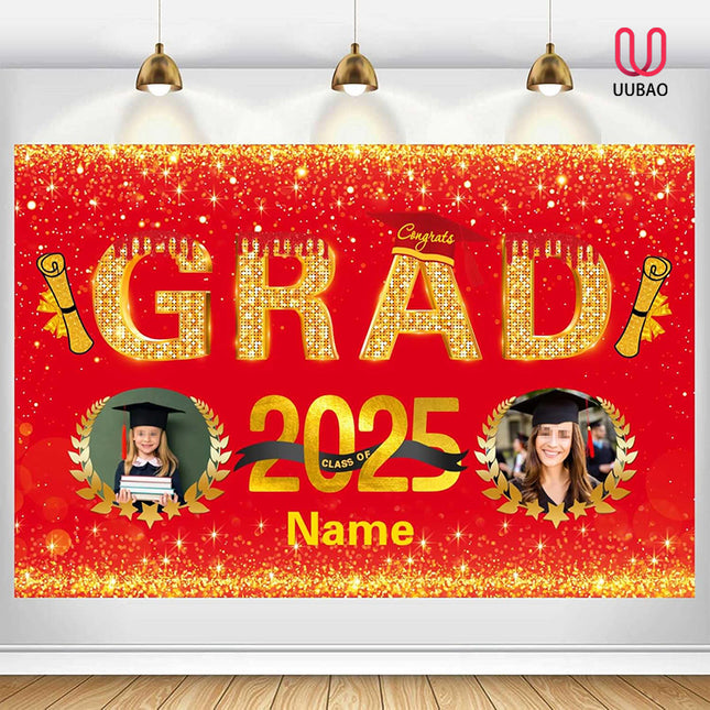 UUBAO Custom Graduation Party Decorations Personalization Banner Class of 2025 Backdrop (Red and Gold)