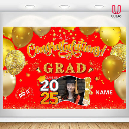 UUBAO Custom Graduation Party Decorations Personalization Banner Class of 2025 Backdrop (Red and Gold)