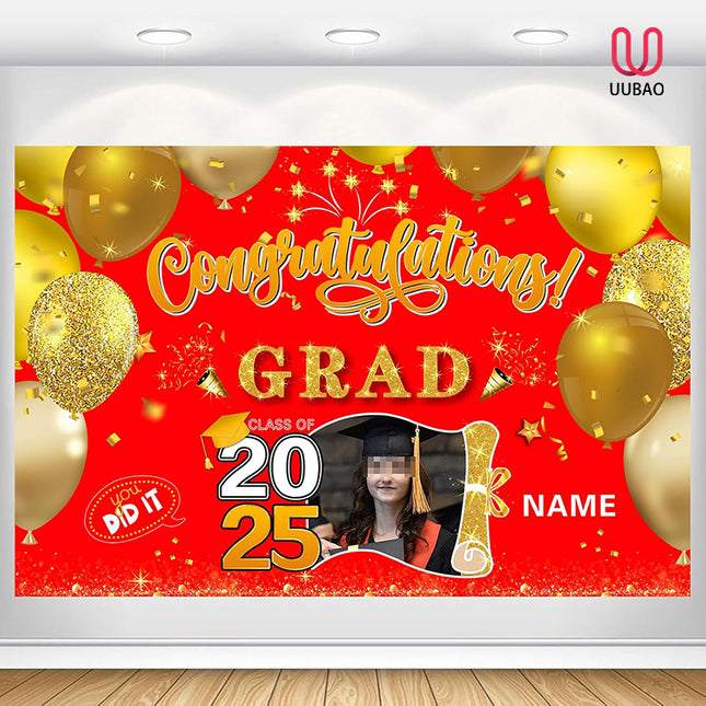 UUBAO Custom Graduation Party Decorations Personalization Banner Class of 2025 Backdrop (Red and Gold)