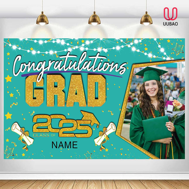 UUBAO Custom Graduation Party Decorations Personalization Banner Class of 2025 Backdrop (Peacock Blue and Gold)