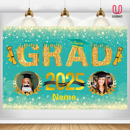 UUBAO Custom Graduation Party Decorations Personalization Banner Class of 2025 Backdrop (Peacock Blue and Gold)