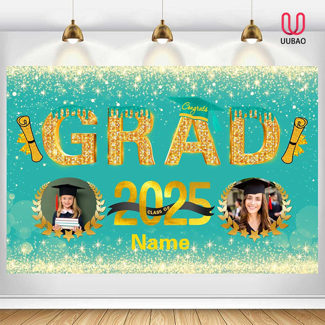 UUBAO Custom Graduation Party Decorations Personalization Banner Class of 2025 Backdrop (Peacock Blue and Gold)