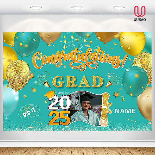 UUBAO Custom Graduation Party Decorations Personalization Banner Class of 2025 Backdrop (Peacock Blue and Gold)