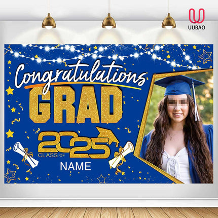 UUBAO Custom Graduation Party Decorations Personalization Banner Class of 2025 Backdrop (Blue and Gold)