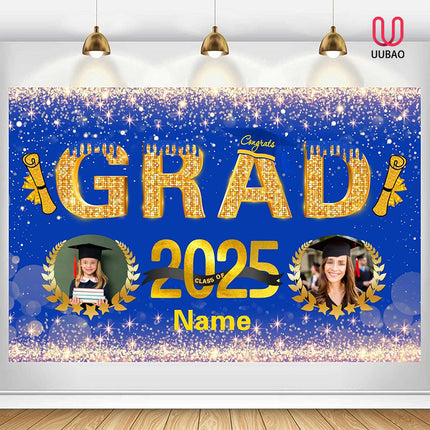 UUBAO Custom Graduation Party Decorations Personalization Banner Class of 2025 Backdrop (Blue and Gold)