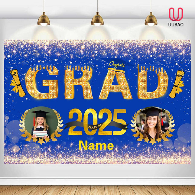 UUBAO Custom Graduation Party Decorations Personalization Banner Class of 2025 Backdrop (Blue and Gold)