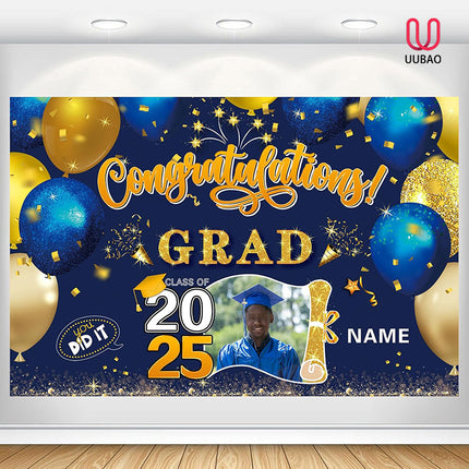 UUBAO Custom Graduation Party Decorations Personalization Banner Class of 2025 Backdrop (Blue and Gold)