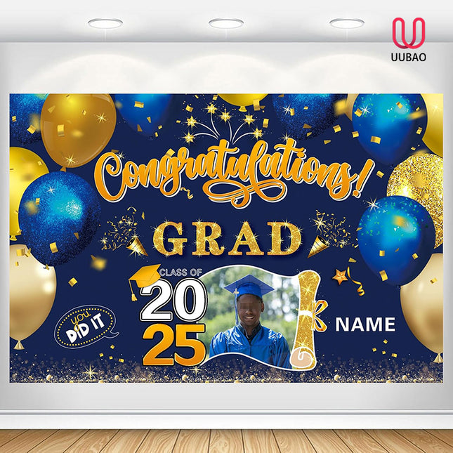 UUBAO Custom Graduation Party Decorations Personalization Banner Class of 2025 Backdrop (Blue and Gold)