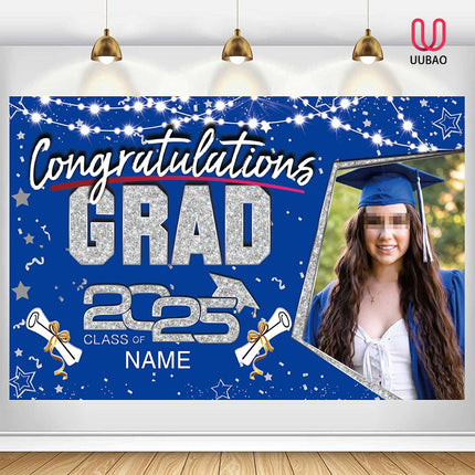 UUBAO Custom Graduation Party Decorations Personalization Banner Class of 2025 Backdrop (Blue and Silver)