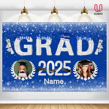 UUBAO Custom Graduation Party Decorations Personalization Banner Class of 2025 Backdrop (Blue and Silver)