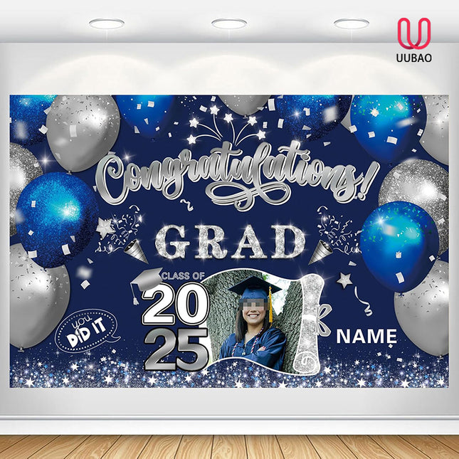 UUBAO Custom Graduation Party Decorations Personalization Banner Class of 2025 Backdrop (Blue and Silver)