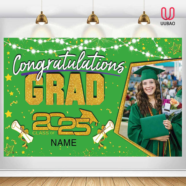UUBAO Custom Graduation Party Decorations Personalization Banner Class of 2025 Backdrop (Light Green and Gold)