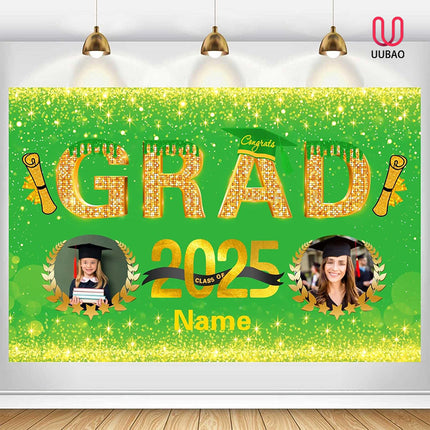 UUBAO Custom Graduation Party Decorations Personalization Banner Class of 2025 Backdrop (Light Green and Gold)