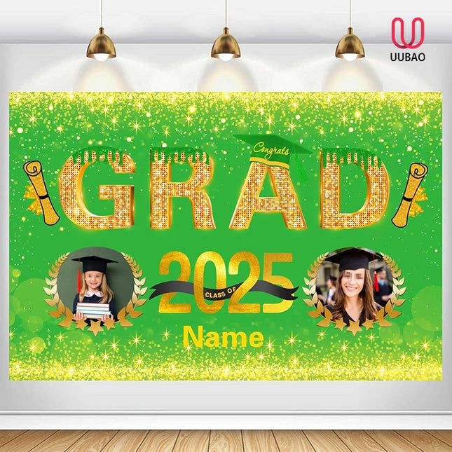 UUBAO Custom Graduation Party Decorations Personalization Banner Class of 2025 Backdrop (Light Green and Gold)