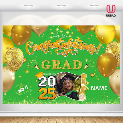 UUBAO Custom Graduation Party Decorations Personalization Banner Class of 2025 Backdrop (Light Green and Gold)