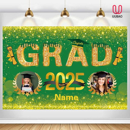 UUBAO Custom Graduation Party Decorations Personalization Banner Class of 2025 Backdrop (Dark Green and Gold)