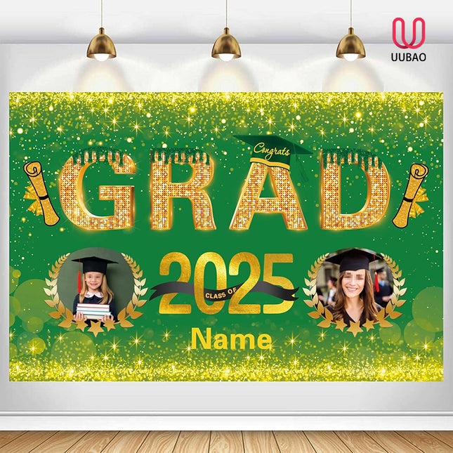 UUBAO Custom Graduation Party Decorations Personalization Banner Class of 2025 Backdrop (Dark Green and Gold)