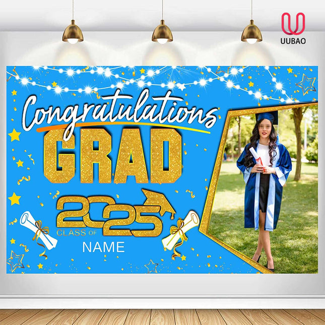 UUBAO Custom Graduation Party Decorations Personalization Banner Class of 2025 Backdrop (Sky Blue and Gold)