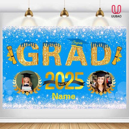 UUBAO Custom Graduation Party Decorations Personalization Banner Class of 2025 Backdrop (Sky Blue and Gold)
