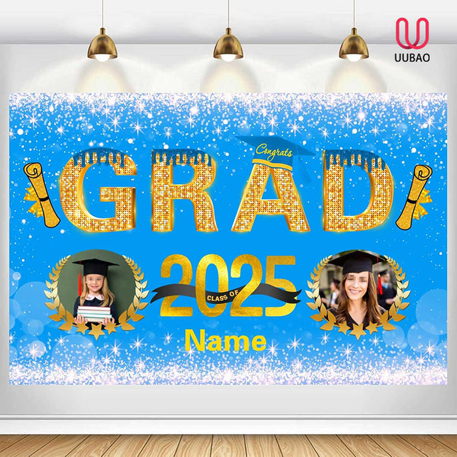 UUBAO Custom Graduation Party Decorations Personalization Banner Class of 2025 Backdrop (Sky Blue and Gold)