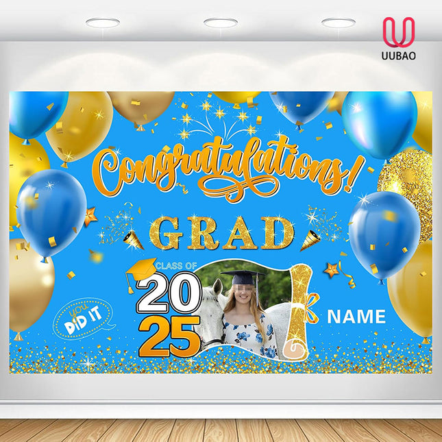 UUBAO Custom Graduation Party Decorations Personalization Banner Class of 2025 Backdrop (Sky Blue and Gold)
