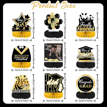 UUBAO 9 PCS Custom Graduation Party Honeycomb Centerpieces Class of 2025 Congrats Grad Decorations Congratulate Graduation Table Toppers for Graduation Party Favor Supplies (Black and Gold)