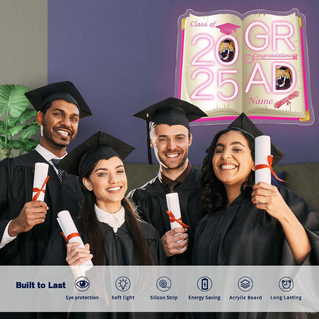 UUBAO Personalized Graduation Gift Neon Signs Congrats Grad LED Light Signs with Photo 2025 Party Backdrop Light Sign Decor (Pink)