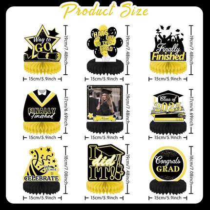 UUBAO 9 PCS Custom Graduation Party Honeycomb Centerpieces Class of 2025 Congrats Grad Decorations Congratulate Graduation Table Toppers for Graduation Party Favor Supplies (Yellow)