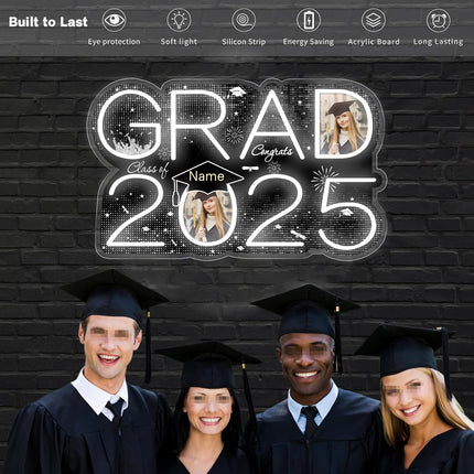 UUBAO Personalized Graduation Gift Neon Signs Congrats Grad LED Light Signs with Photo 2025 Party Backdrop Light Sign Decor (Black and Silver)
