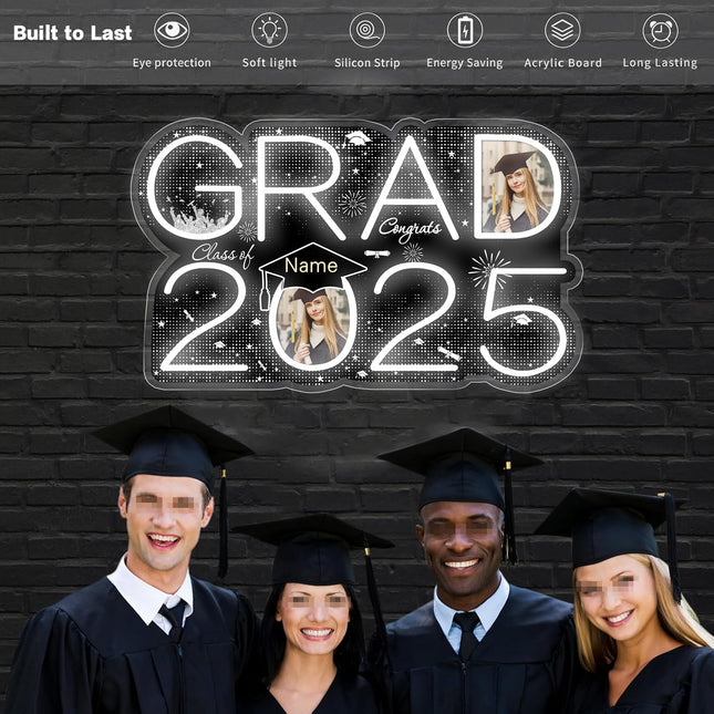 UUBAO Personalized Graduation Gift Neon Signs Congrats Grad LED Light Signs with Photo 2025 Party Backdrop Light Sign Decor (Black and Silver)