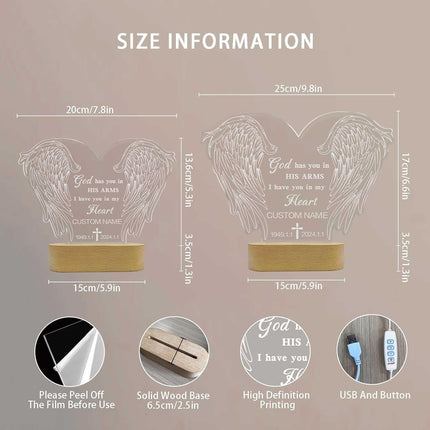 UUBAO Personalized Memorial Gift 3D Carved Night Light Customized Light Up Acrylic Plaque Lamp Sympathy Bereavement Remembrance Gift(Wings)